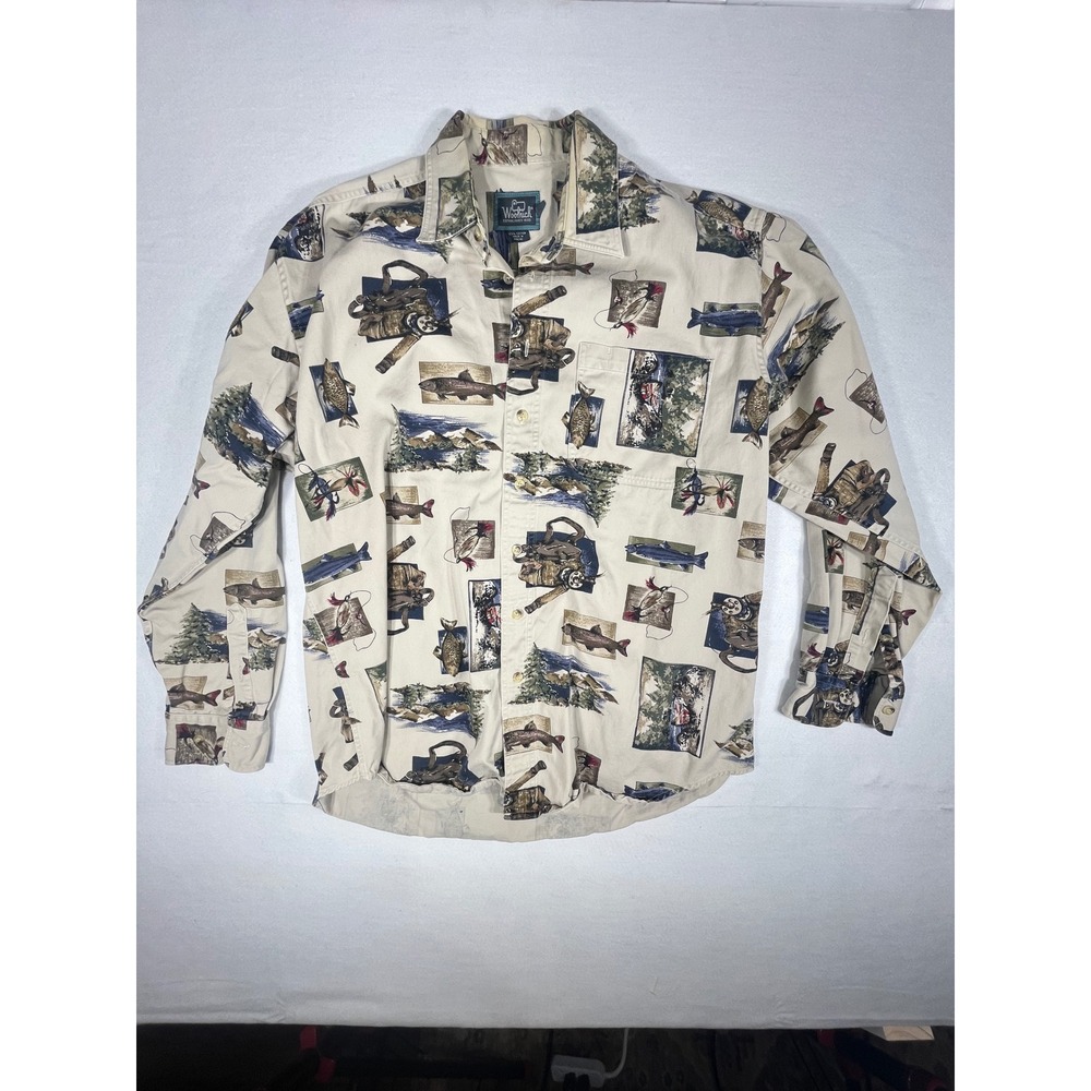 Woolrich Men's Fishing Print Button Up Shirt Long Sleeve 100 Cotton Size L